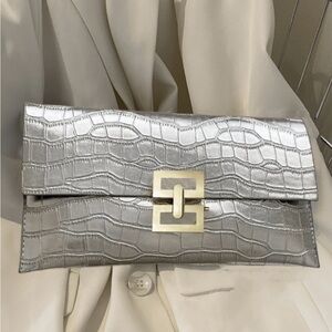 Silver Crocodile Embossed Clutch